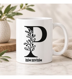 Kişiye Özel Baş Harf ve İsim Yazılı Modern Yapyak Desenli Seramik Kupa Bardak
