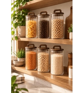 Atbyhome 6'lı Akasya Ahşap Kapaklı Çizgili Cam Kavanoz Seti 1250 ml - Vakumlu Erzak Bakliyat Kabı