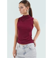 Dik Yaka Kolsuz Fitted Örme Bluz Günlük Şıklık Seçkin Malzeme Profesyonel Görünüm (Bordo)