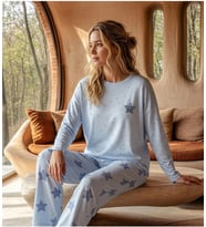 Pijamoni Kadın Likralı Pamuklu Bisiklet Yaka Uzun Kol İnce Pijama Takımı 1300/9 - 1 Adet