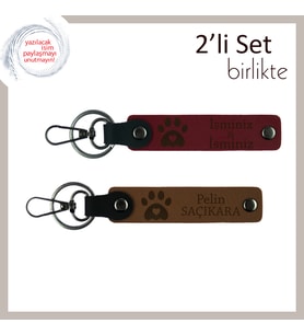 Sevdiğinizle Paylaşabileceğiniz Pati Temalı Anahtarlık Takımı, İsim Yazılabilir, Bordo-Açık Kahve