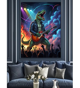Gitar Çalan Rockçı Dinozor Figürü Dekoratif Kanvas - Mdf Ahşap Tablo