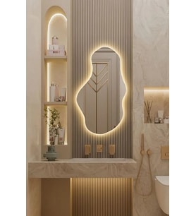 Fawdecor Led Işıklı Asimetrik Model Dekoratif Duvar Aynası, Modern Eşsiz Ayna, Ayna Duvar Dekorasyon Ürünü 60 x 120 Gün Işığı