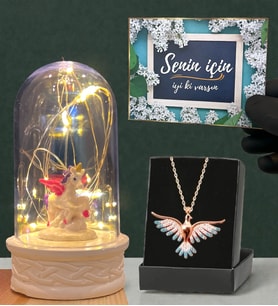 Renkli Zümrüdü Anka Kuşu Kolye ve Led Işıklı Fanus Hediye Seti (Model 1)