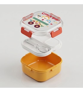 600 ml Yemek Kabı, 4 Bölmeli Kilitli Lunch Box, Kaşık Dahil Renkli Desenli Saklama ve Taşıma Kabı, 14x14x8 cm