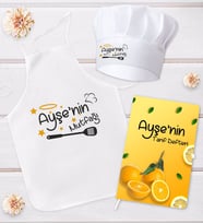 BK Gift Kişiye Özel Mutfak Önlüğü Aşçı Şapkası ve Tarif Defteri Hediye Seti Model 7