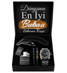 Babalar Gününe Özel Tasarım Kutu & Gümüş Renk Metal Kordonlu Saat & İkili Bileklik & Kişiye Özel Çakmak & Tesbih Seti