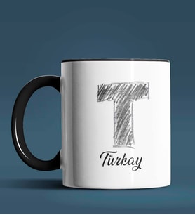 Kişiye Özel T Harfi Temalı Kara Kalem Tasarım Siyah Renk Kupa (Siyah)
