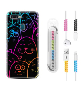 Oppo A5S A15 A16 A54 A55 A73 A74 Kılıf Kablo Koruma Spiral Silikon Neon Cats 1790