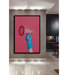 Çerçeve Görünümlü Dekoratif Ahşap Kare Pembe Megafon Tablosu Ev/Ofis/İşyeri/Salon/Mutfak/Banyo Tablo