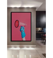 Çerçeve Görünümlü Dekoratif Ahşap Kare Pembe Megafon Tablosu Ev/Ofis/İşyeri/Salon/Mutfak/Banyo Tablo