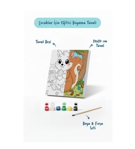 Sevimli Sincap Temalı Çocuk Boyama Tuvali – Şövalesiz Eğitici Boyama Seti 20x20 cm
