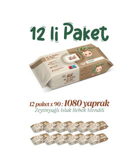 Zeytinyağlı Islak Bebek Mendili 12x90lı Paket 1080 Yaprak