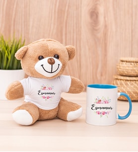 Kişiye Özel Çiçek Çerçeveli İsimli Peluş Ayı ve Mavi Kupa