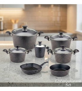 ARZU ÇELİK 12 Parça Granit Set Cam Kapak - Siyah