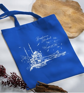 BK Gift İstanbul Tasarımlı Mavi Kumaş Bez Çanta, Baskılı Omuz Çantası, Alışveriş Çantası, Arkadaşa Hediye-2