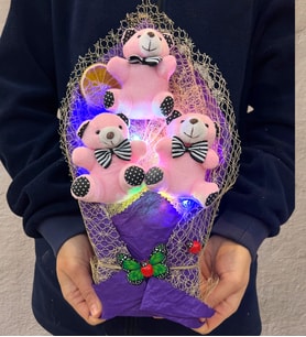 Renkli Led Işıklı Özel Pembe Ayıcıklı Büyük Boy Peluş Ayıcık Buketi (Model 2)