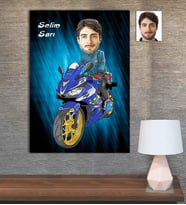 Kişiye Özel Karikatür Baskılı Ahşap Tablo Motorcu Erkek-1 30x40