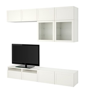 TV Ünitesi, Beyaz-Şeffaf Cam, 240x42x231 cm, Fren Raylı