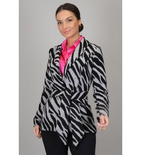 SWEETNESS Kadın Siyah Gri Zebra Desenli Kemerli Astarsız Ceket 