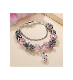 Yeni Tarz , Pembe Crystal Taç Quenn Kalp , Sevgi Charmlı Bileklik, Ahşap Kutu İçerisinde