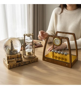 Kişiye Özel Vintage Dekoratif Masaüstü Seti Newton Denge Topları Eyfel Kulesi Kum Saati ve Kar Küres