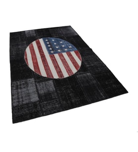 Siyah El Dokuma Salon Halısı Modern Eskitme Stili Geometrik Desenli Patchwork Koridor Halısı
