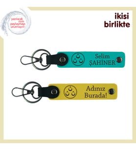 Üç Ayyıldız Desenli Hediyelik Ve Kişiye Özel Üretilen 2' li Anahtarlık Seti, Koyu Turkuaz-Sarı