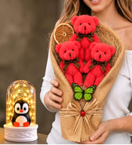 Fuşya Peluş Ayıcıklı Büyük Boy Buket ve LED Işıklı Penguenli Fanus Hediye Seti
