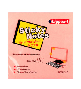 Bigpoint Yapışkanlı Not Kağıdı 75x75mm Neon Pembe x 12 Adet
