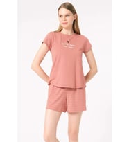 Kadın Kısa kol Bisiklet Yaka Cotton Çizgili Kışlık Örme Normal Bel Pijama Takımı (Renksiz)
