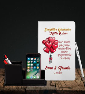 Sevgililer Gününe Özel Beyaz Defter Kalem & Deri Kaplama Kalemlik Hediye Seti 31