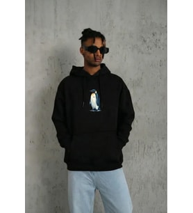 Siyah Oversize Hoodie - Sırt Baskılı Survivor Penguin Temalı, Felsefi Yazılı Kapüşonlu Sweatshirt - Siyah