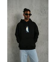Siyah Oversize Hoodie - Sırt Baskılı Survivor Penguin Temalı, Felsefi Yazılı Kapüşonlu Sweatshirt - Siyah
