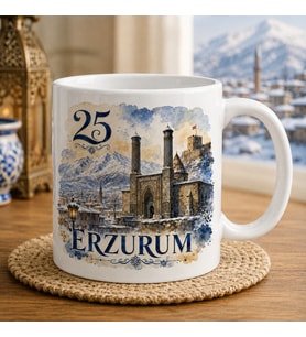 Erzurum Temalı Memleket Kupası – 25 Erzurum Çifte Minareli Medrese Karlı Şehir ve Dağ Manzarası Suluboya Baskılı Seramik Kupa
