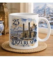 Erzurum Temalı Memleket Kupası – 25 Erzurum Çifte Minareli Medrese Karlı Şehir ve Dağ Manzarası Suluboya Baskılı Seramik Kupa