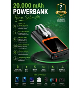 20000 mAh Taşınabilir Powerbank Çok Kablolu 22.5W Hızlı Şarj Destekli