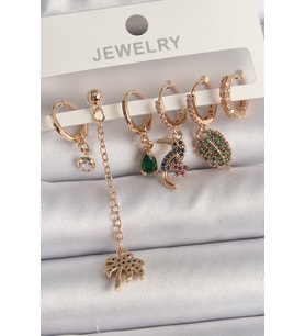 Pirinç Gold Renk Sallantı Zirkon Taşlı Ağaç Figür Kadın Küpe Seti 5886 - HPSBYI9189-6958