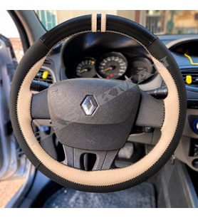 Renault Megane 3 Dikme Direksiyon Kılıfı Parlak Siyah Bej Detaylı Bej Çift Yüzük ve Dikiş 2008-2016