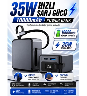 10000mAh 35W Hızlı Şarj Powerbank LCD Ekran 1x USB + 1x Type-C Type-C Kablolu Çıkışlı