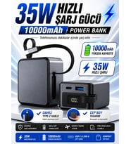 10000mAh 35W Hızlı Şarj Powerbank LCD Ekran 1x USB + 1x Type-C Type-C Kablolu Çıkışlı