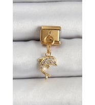 316L Çelik Sallantılı Zirkon Taşlı Yunus Balığı Model Gold Renk Nomination C - SSSSSS3375-9