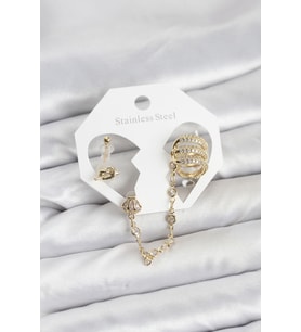 Pirinç Gold Renk Sarmal Model Zincir Bağlantılı Ear Cuff Küpe Seti - TJ-BKP11536