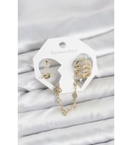 Pirinç Gold Renk Sarmal Model Zincir Bağlantılı Ear Cuff Küpe Seti - TJ-BKP11536
