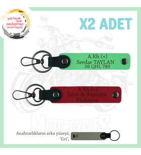 Motor Tutkunlarına, İsim Plaka ve A Rh (+) Kan Grubu Yazılı, x2 Anahtarlık Set, Kırmızı-F Yeşil-Gr
