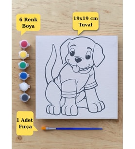 Çocuklara Özel Sevimli Köpek Baskılı Tuval Boyama Aktivite Seti 19x19 Cm (Tuval, Fırça ve 6 Renk Akrilik Boya Seti)