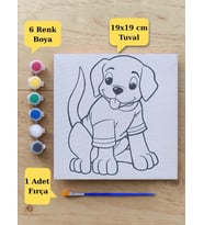 Çocuklara Özel Sevimli Köpek Baskılı Tuval Boyama Aktivite Seti 19x19 Cm (Tuval, Fırça ve 6 Renk Akrilik Boya Seti)