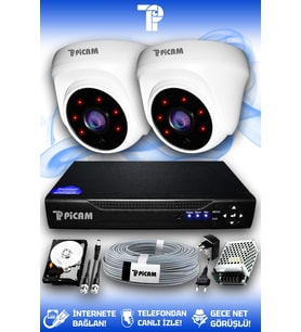 PICAM 2 Kameralı Dome 2 İç Kamera Set 1 TB HDD Full HD Gece Görüşlü Güvenlik Kamerası Sistemi