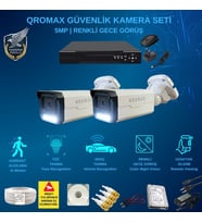 QROMAX 2 Kameralı Set - Yapay Zeka Özellikli İnsan Yüz Araç Tanımalı Gece Renkli Gösteren 5 MP SONY Lensli 4 Warm Ledli FULLHD Güvenlik Kamerası Seti 3404W