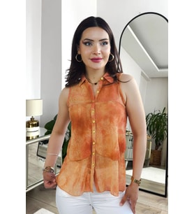 Lupinn Moda Kadın Turuncu Transparan Tül Kolsuz Düğmeli Bluz Gömlek, Kadın Gömlek